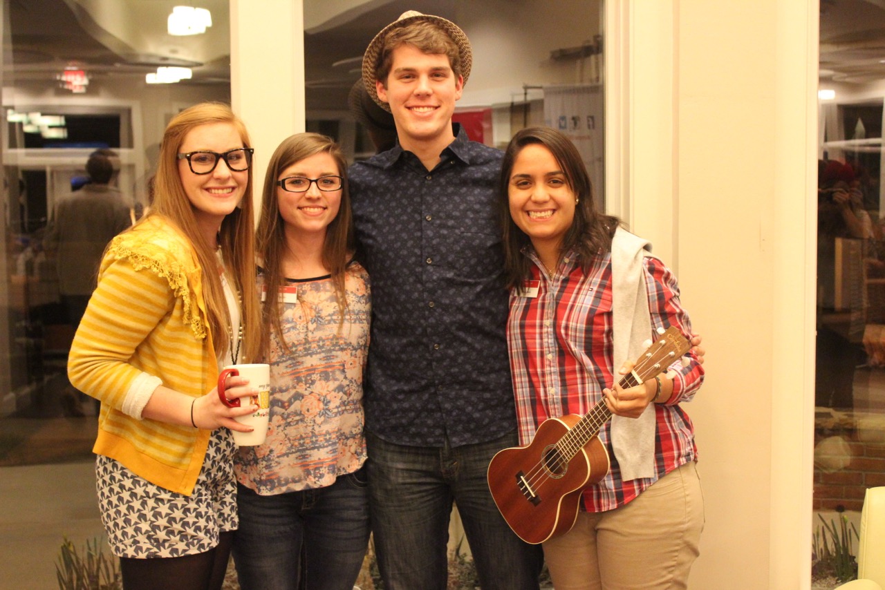 Current students and alumni enjoy the ambience of the hipster coffee night.